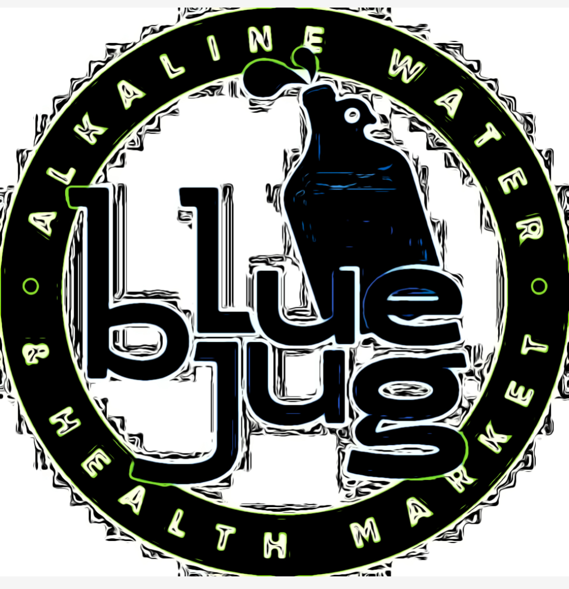 Blue glass refillable water jug with logo in a modern store setting.